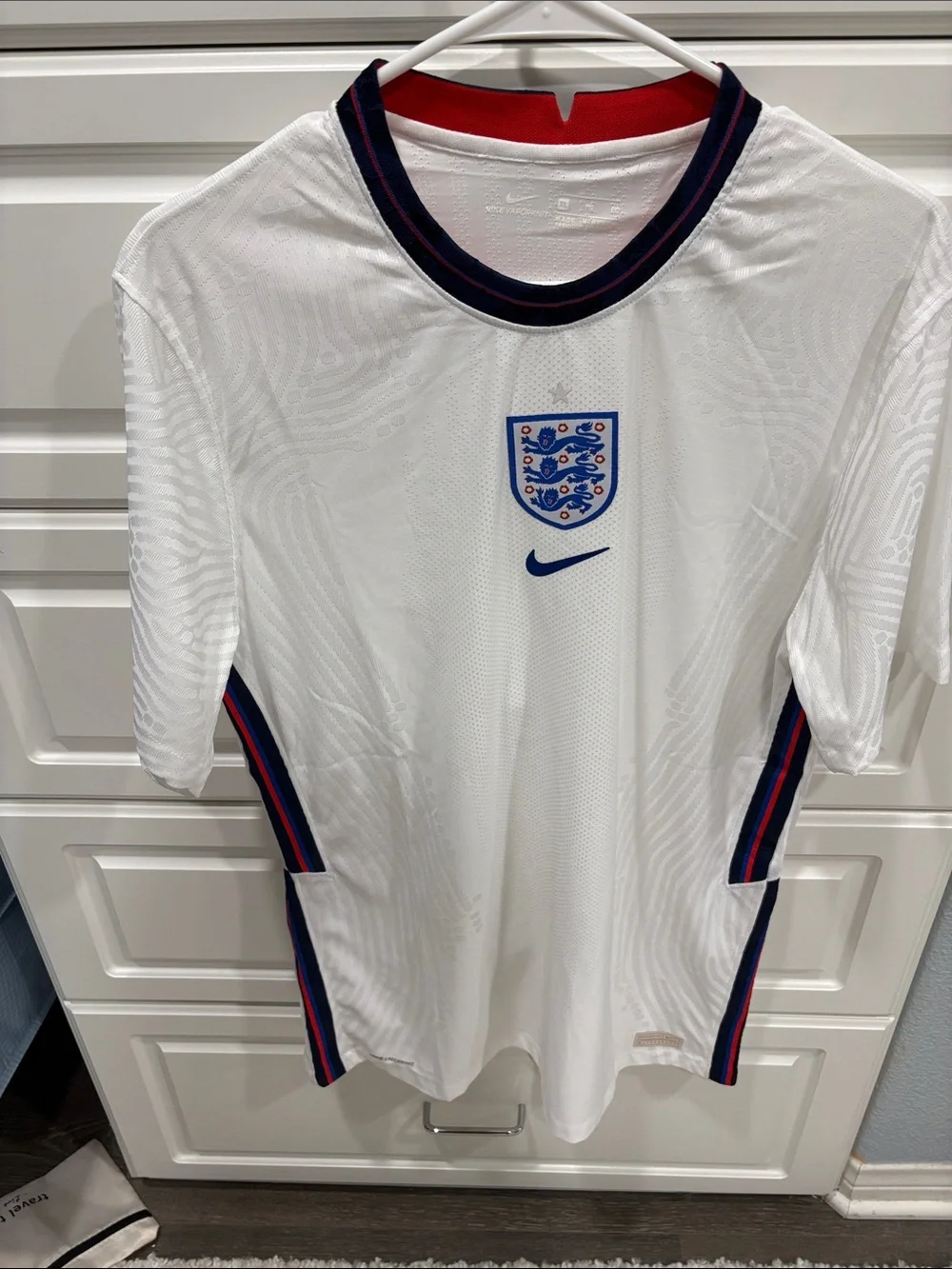 Nike White England Home Soccer Jersey with Navy and Red Trim，